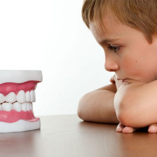 child focusing on teeth mould